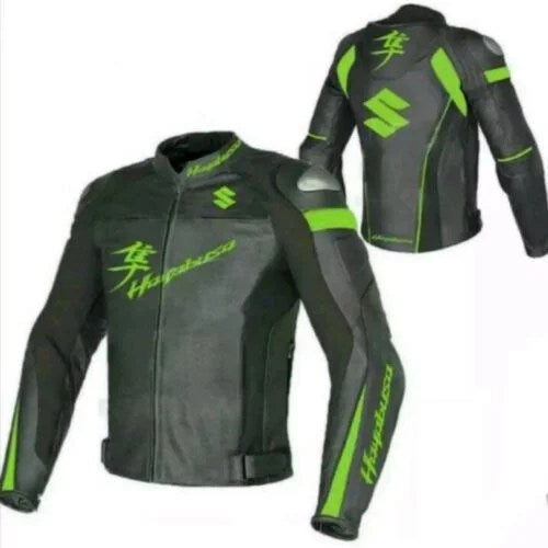 SUZUKI HAYABUSA MOTORCYCLE GREEN AND BLACK LEATHER RACING JACKET - XXXXL